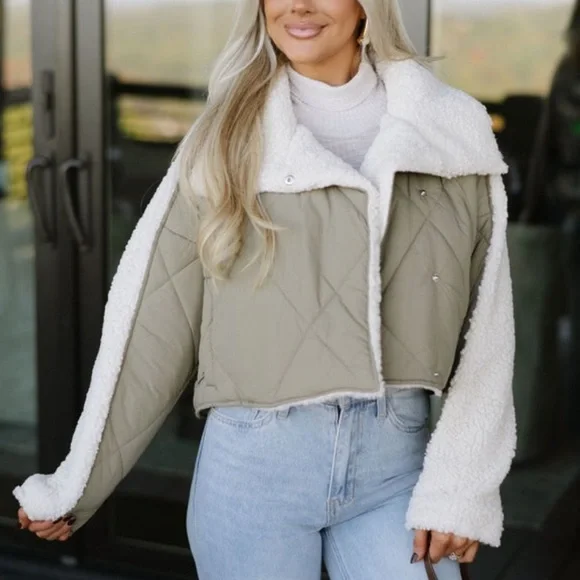 Darcy Quilted Sherpa Jacket-Olive - Picture 1 of 6